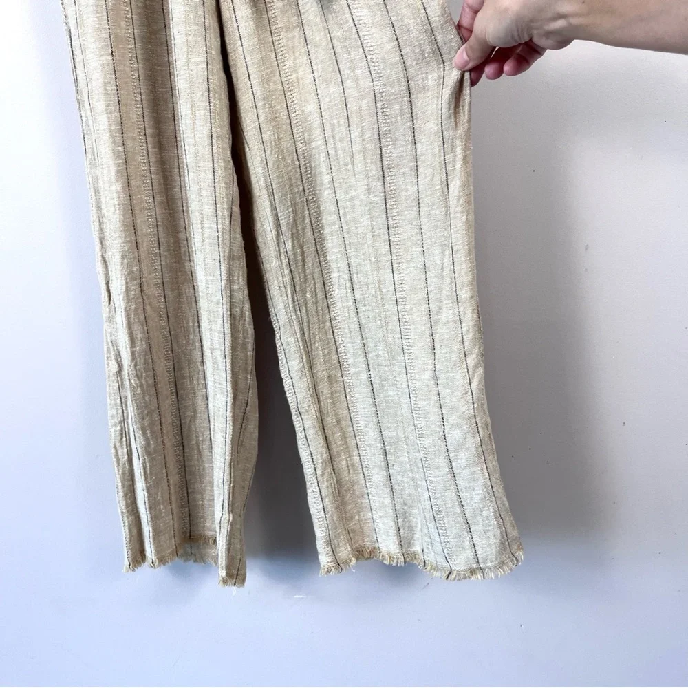 DREW x Anthropologie Striped Khaki Linen Blend Cropped Jumpsuit XS